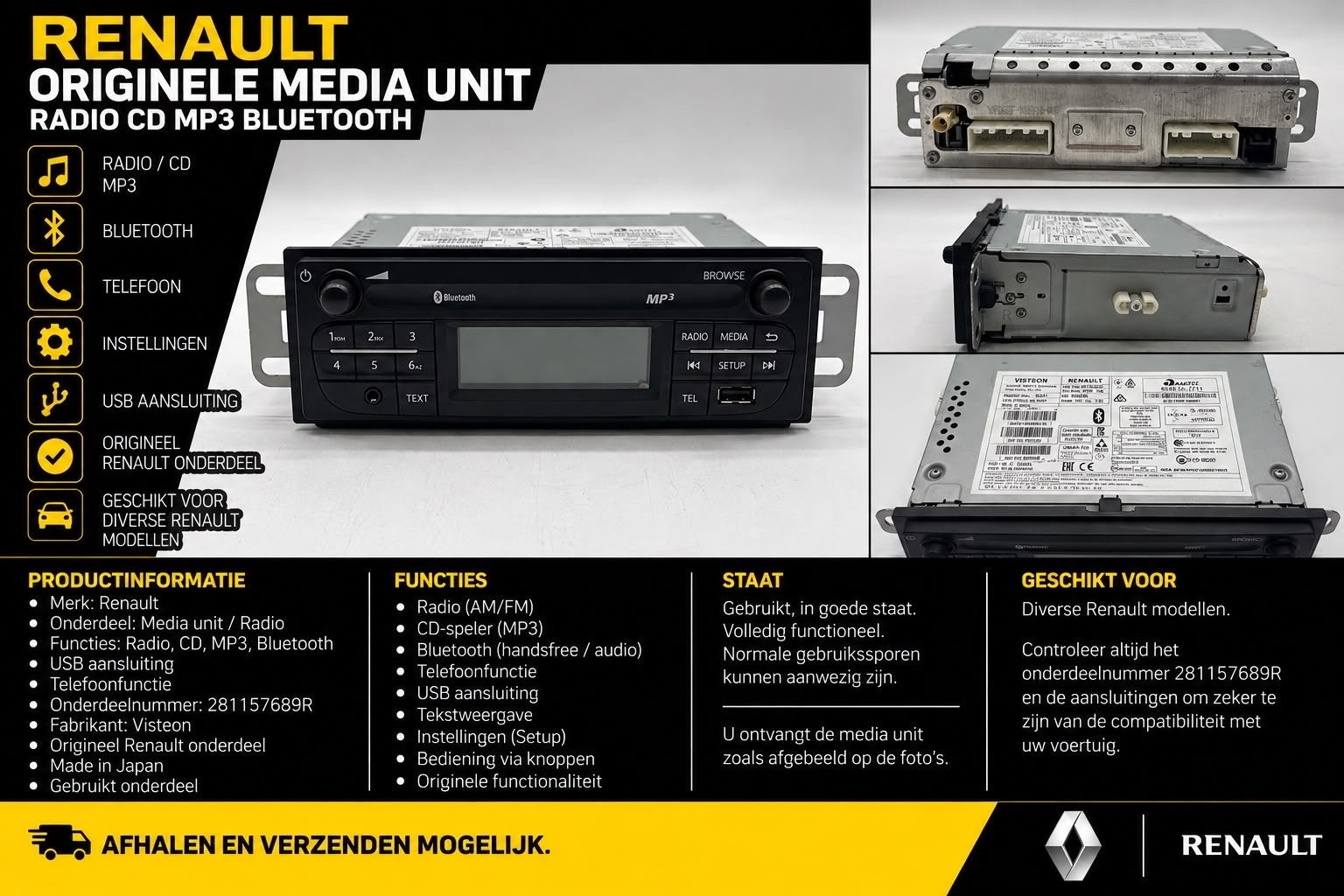 Renault Originele Media Unit - Radio/CD/MP3/Bluetooth/USB, Ophalen of Verzenden, Gebruikt