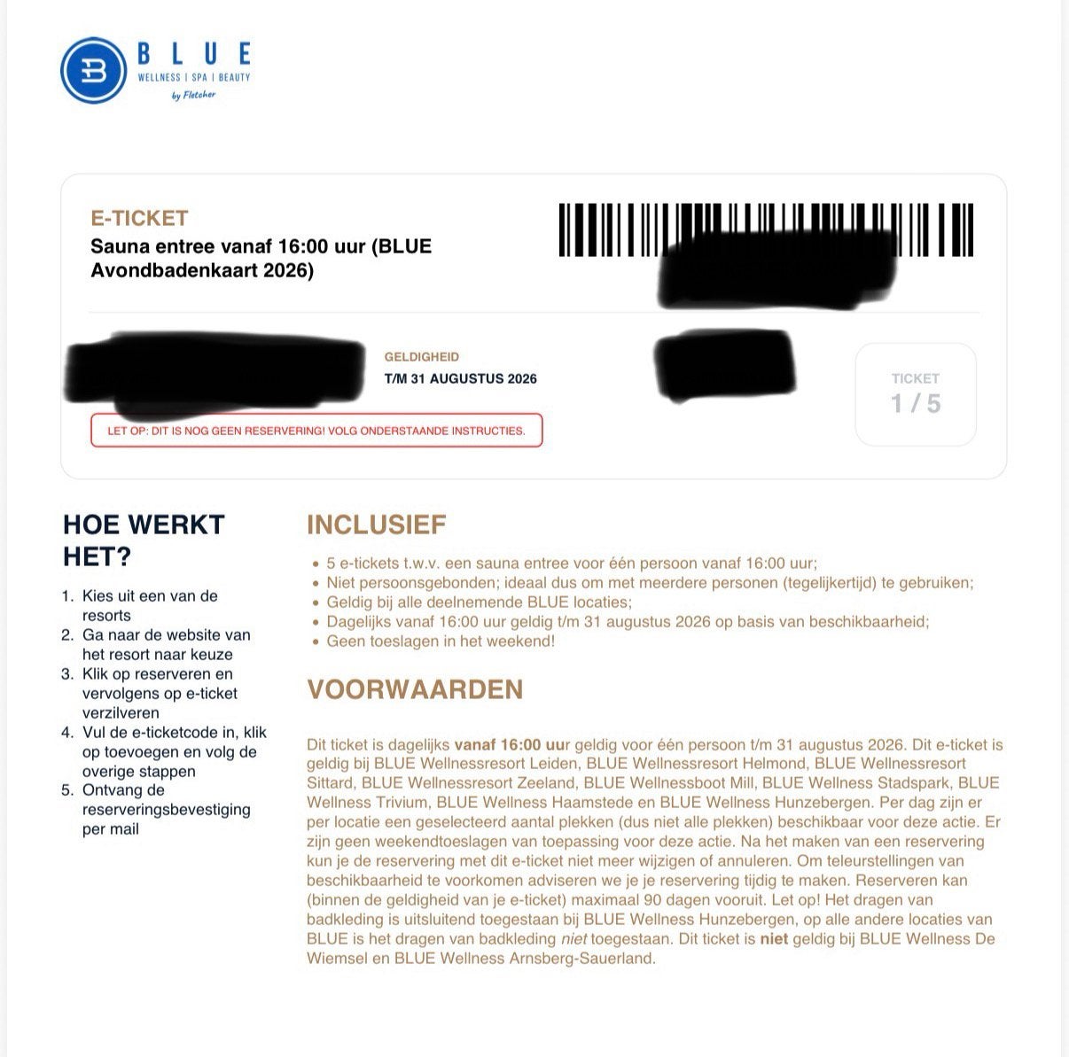 Blue Wellness ticket avondentree (vanaf 16 uur), Ophalen, Nieuw, Overige typen