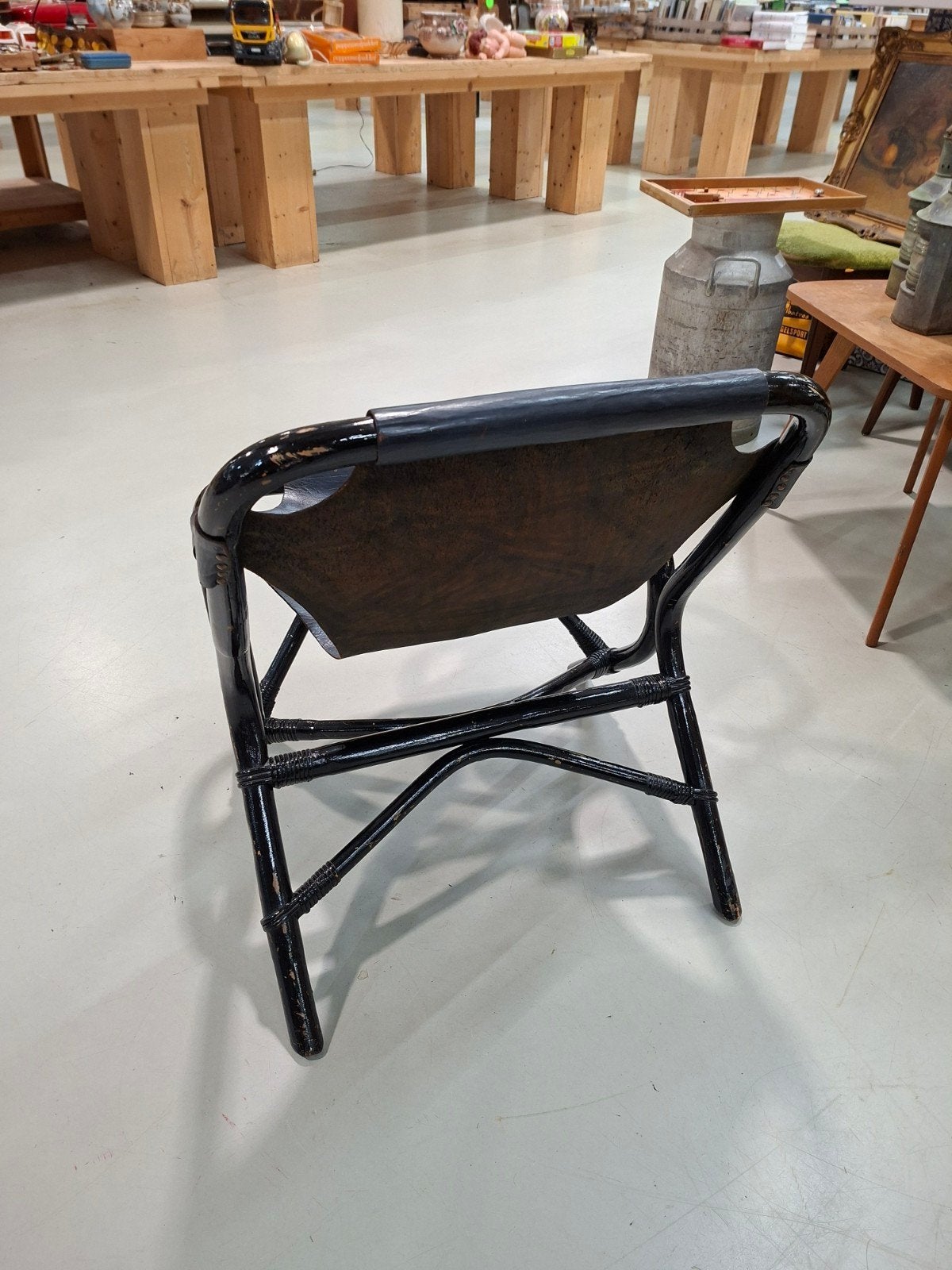 Vintage Fauteuil Jaren '60 - Zwart Leer en Rotan, Minder dan 50 cm, Gebruikt, Leer, Minder dan 75 cm