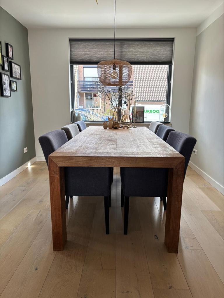 Teakhouten eettafel met zes stoelen, Ophalen, Gebruikt, 200 cm of meer, 50 tot 100 cm