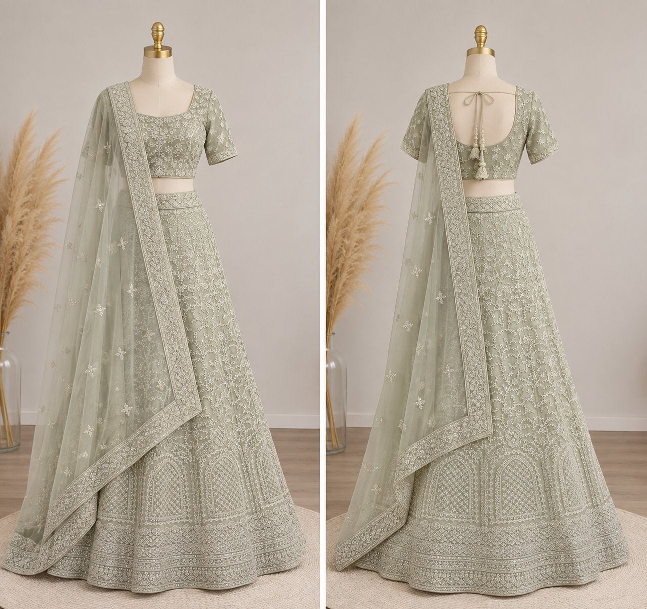 NIEUW!! Indiase Lehenga - Lichtgroen met zilvere steentjes, Maat 38/40 (M), Overige typen, Nieuw, Ophalen of Verzenden