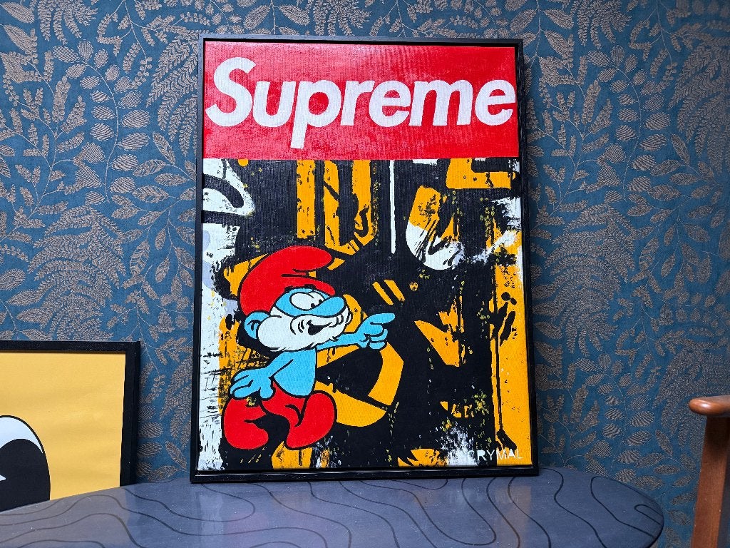 1/1 Supreme Smurf op canvas by Lacrymal, Antiek en Kunst, Meerkleurig, Textiel, 80 cm, Ophalen of Verzenden