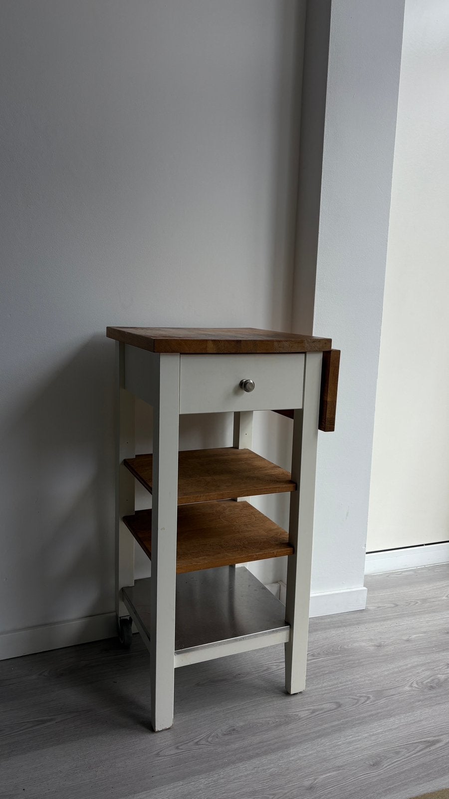 IKEA STENSTORP keukentrolley / roltafel – wit/eiken, Ophalen, Zo goed als nieuw, 25 tot 50 cm, Rechthoekig