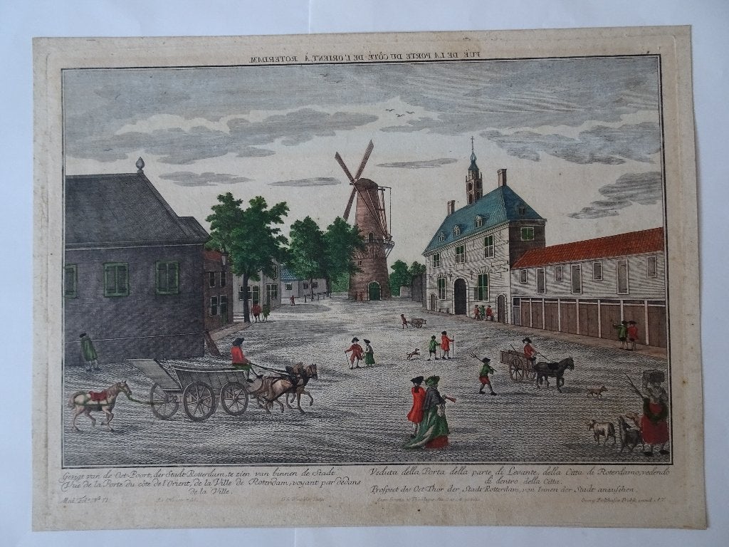 opticaprent Gezicht Oostpoort Rotterdam Georg B. Probst 1750, Antiek en Kunst, Stadsgezicht, Ophalen of Verzenden, Gravure, Origineel