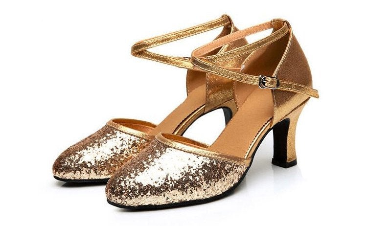 Gouden dames glitter dansschoenen dans hakken salsa tango, Verzenden, Nieuw, Overige kleuren, Pumps