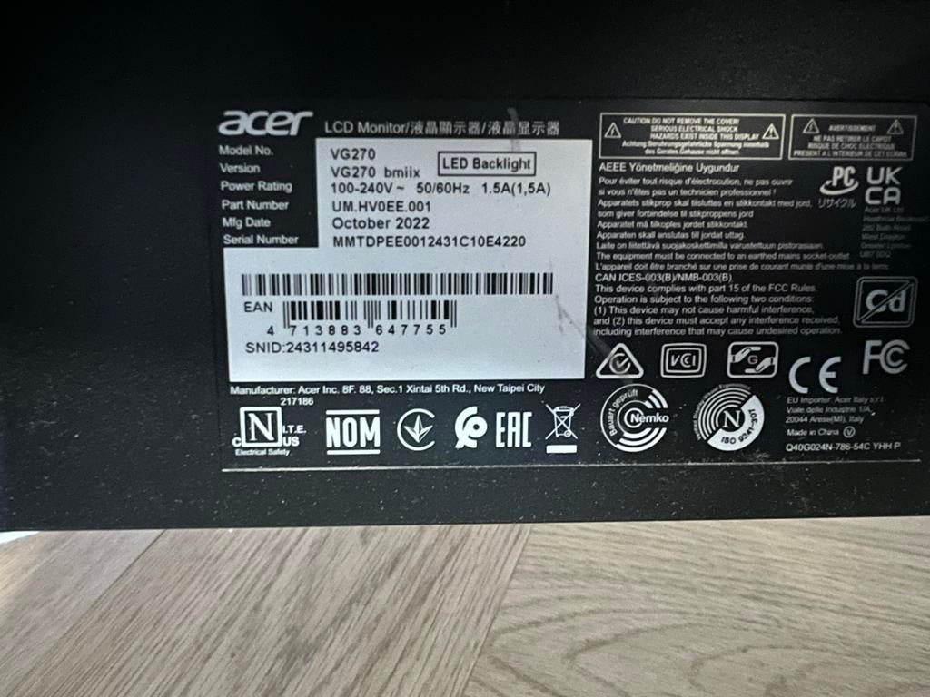 Acer VG270 bmiix Monitor - Scherm beschadigd, Computers en Software, Monitoren, Ophalen, Niet werkend, Full HD, 60 Hz of minder