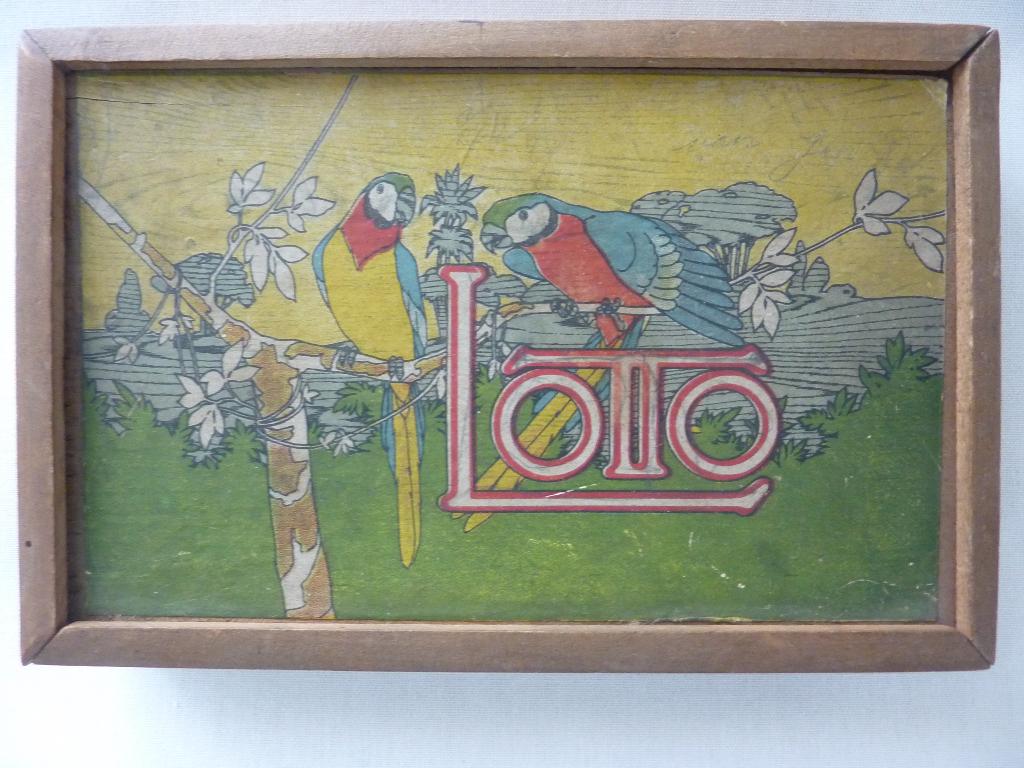 antiek lotto bingo spel houten kistje afbeelding papegaaien, Verzenden