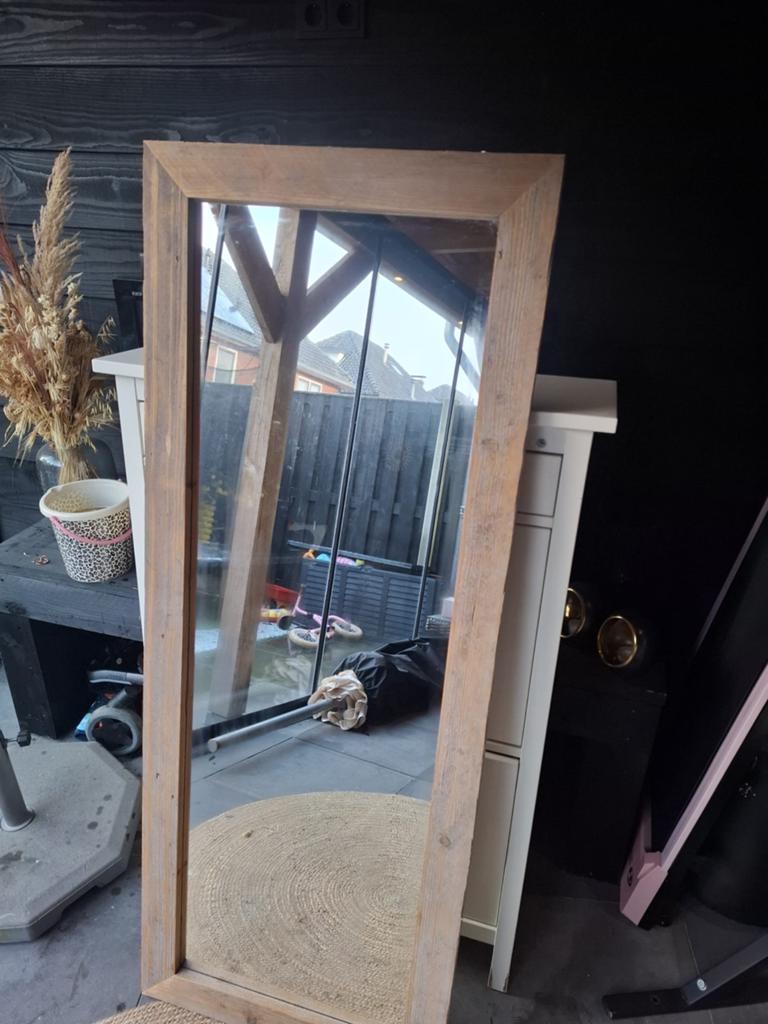Grote spiegel met houten lijst, Ophalen, Gebruikt, 150 tot 200 cm, Rechthoekig