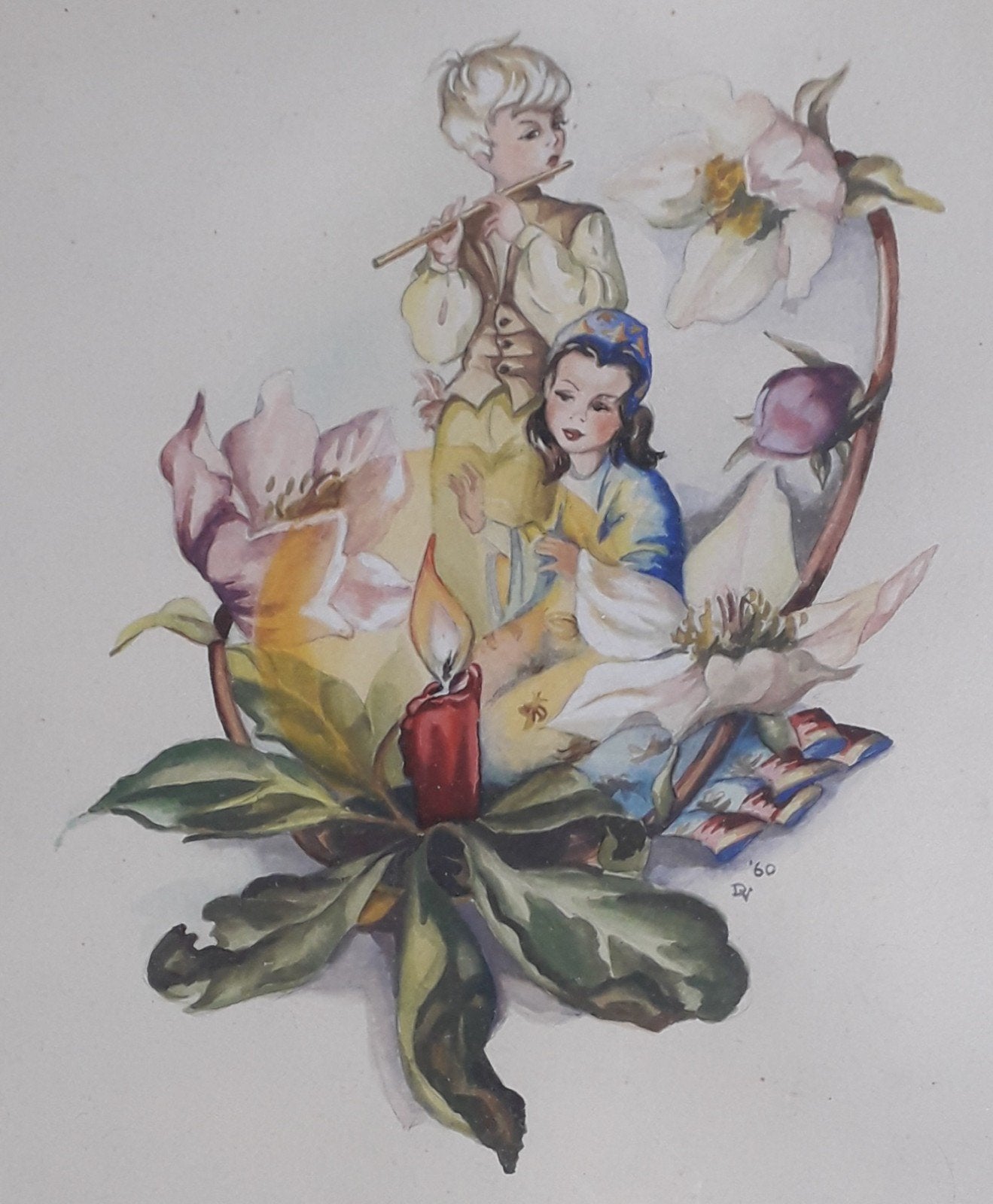 JONGEN SPEELT FLUIT 🎵 MEISJE KIJKT NAAR BRANDEND KAARSJE🕯, Antiek en Kunst, Kunst | Schilderijen | Klassiek, Nederlandse school