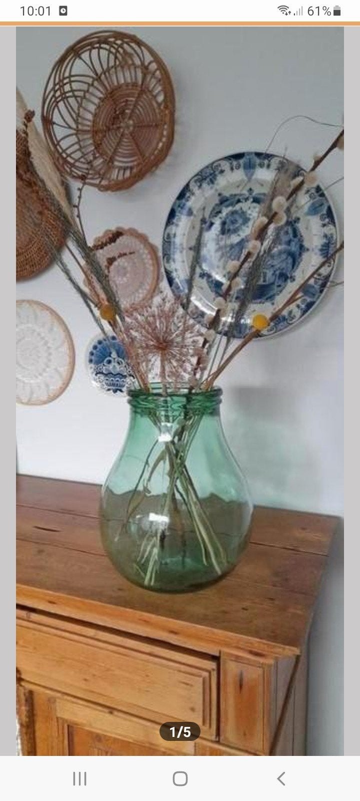 vintage grote bolle groen glazen vaas (met droogbloemen), Ophalen of Verzenden, Zo goed als nieuw
