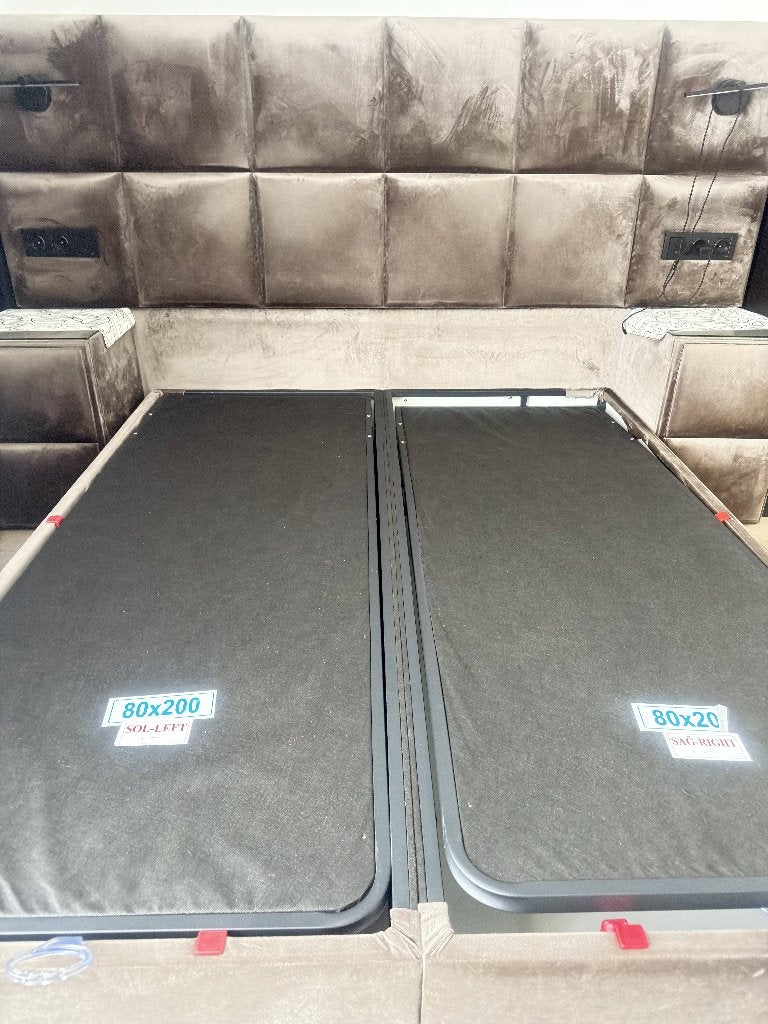 Boxspring 160x200 met opbergsysteem, nachtlamp & stopcontact, Huis en Inrichting, Slaapkamer | Boxsprings, Ophalen, Gebruikt, Bruin