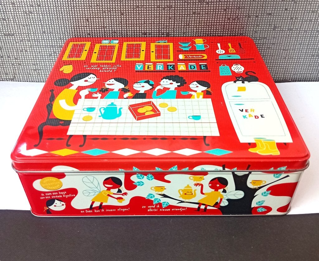 blikken verkade koektrommel met illustratie van esther aarts, Verzenden, Gebruikt, Koek(jes), Verkade