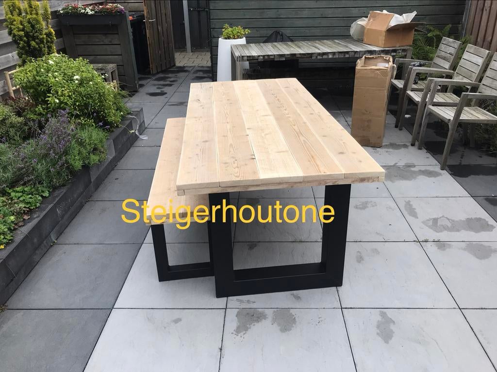 Steigerhout tuintafel met stalen onderstel Gratis Levering, Tuin en Terras, Tuintafels, Gebruikt, Rechthoekig, Hout, Ophalen of Verzenden