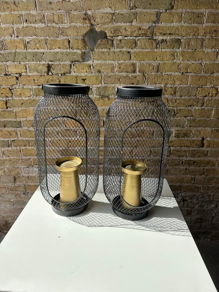 Set van 2 zwarte metalen kaarsenhouders - Woonkamer decorati, Ophalen, 25 tot 50 cm, Zwart, Zo goed als nieuw