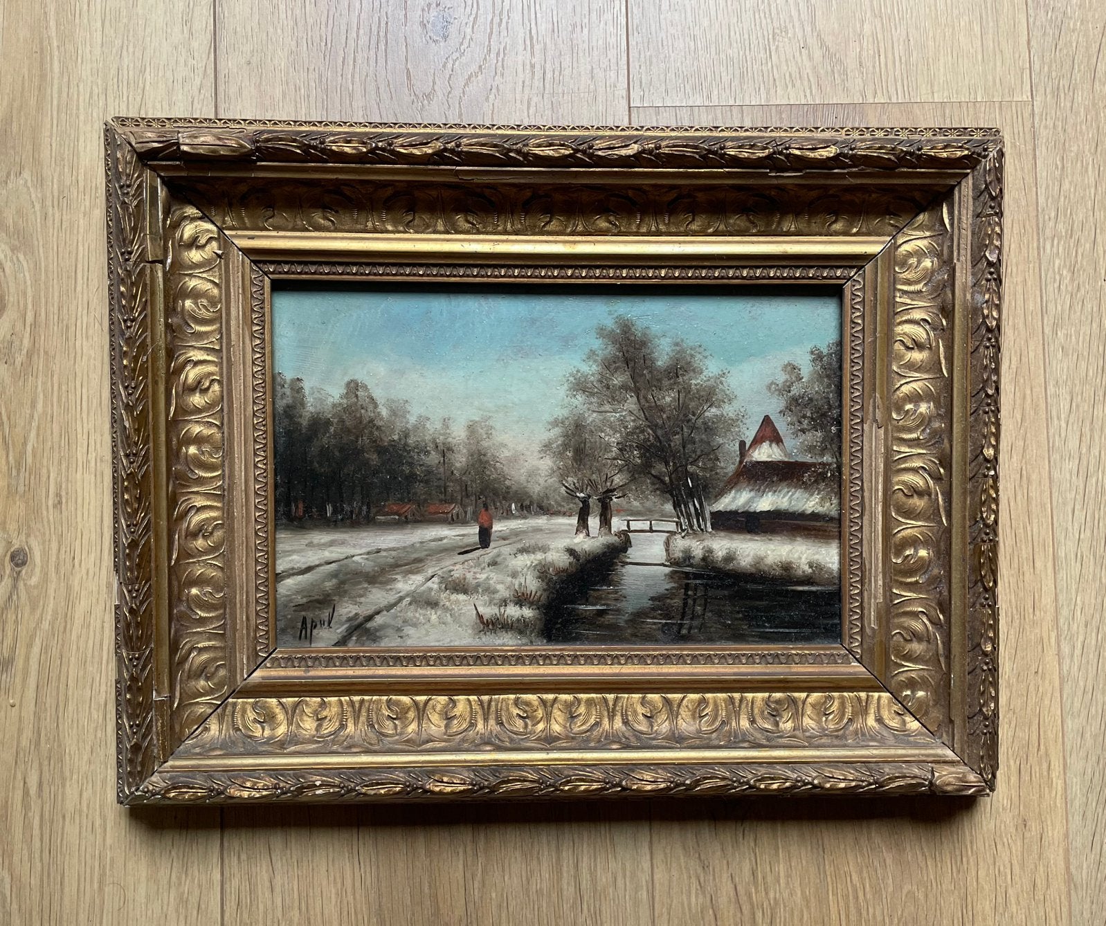 Schilderij op paneel naar Louis Apol in goudkleurige lijst, Paneel, Ophalen of Verzenden, Landschap, Olieverf