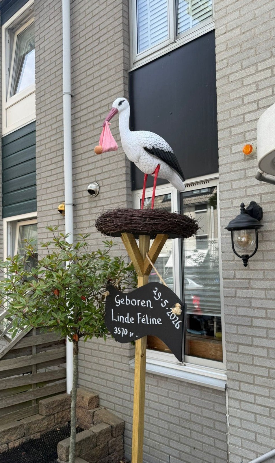 Geboortebord Ooievaar met baby en broedei, Ophalen, Gebruikt, Geboortebord