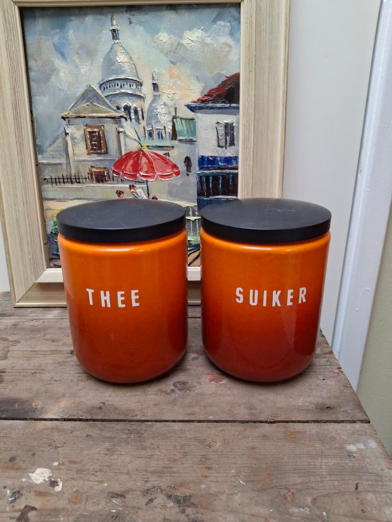 2 Prachtige emaille Dru blikken suiker en thee, Ophalen of Verzenden