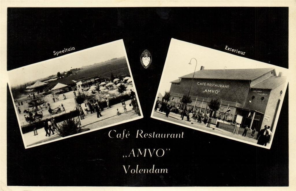 Cafe Restaurant AMVO, Volendam - 2 afb - gelopen, Verzamelen, Ophalen of Verzenden, 1940 tot 1960, Gelopen, Noord-Holland