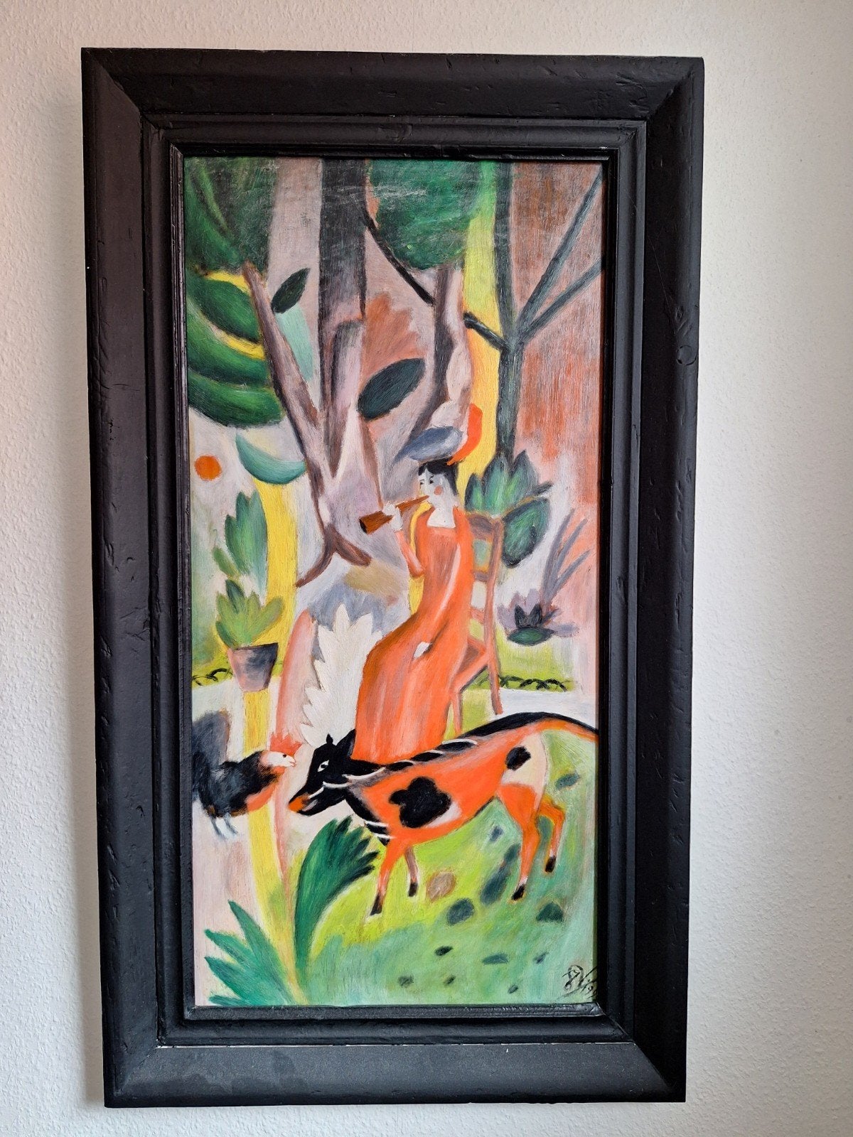 Modern schilderij: Vrouw met pijp, koe en haan, Figuren, Ophalen of Verzenden, Olieverf, Overige materialen