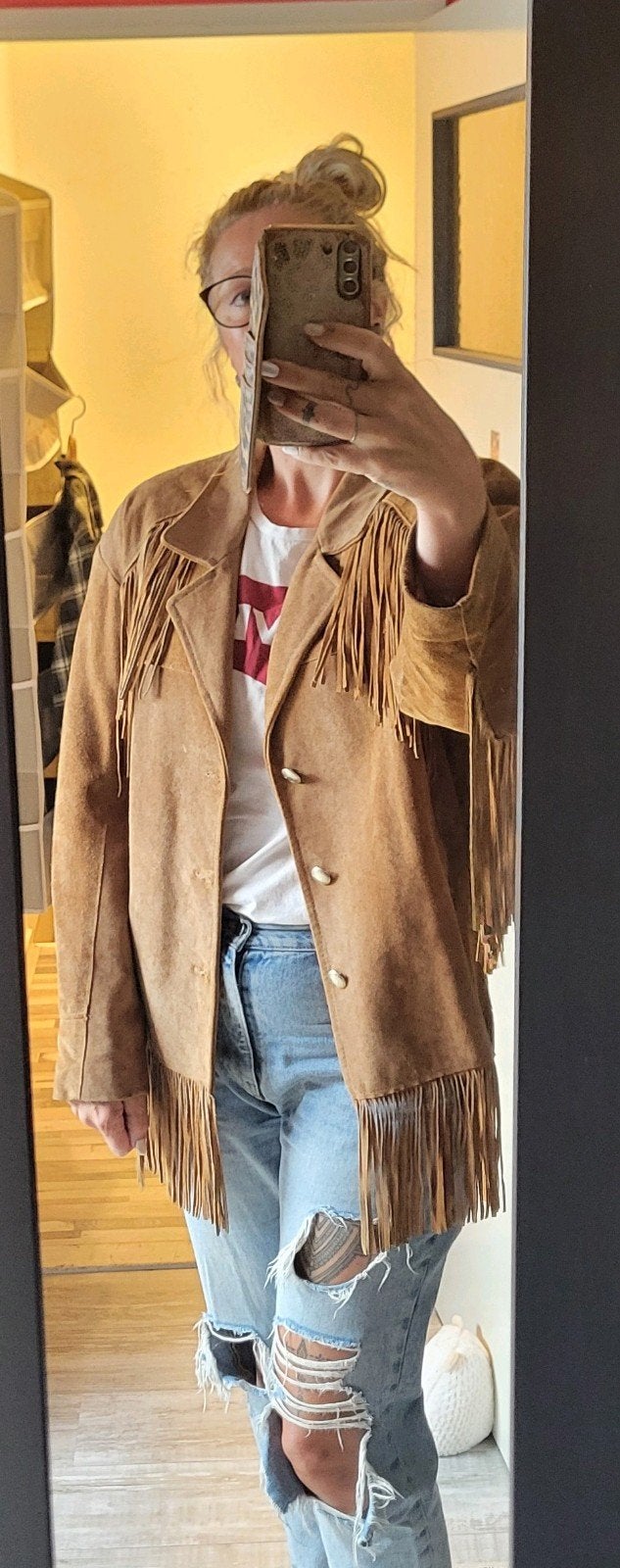 Vintage Pioneer Wear suède franje jas - Made in USA, Kleding | Dames, Jassen | Zomer, Maat 38/40 (M), Bruin, Pioneer Wear, Ophalen of Verzenden