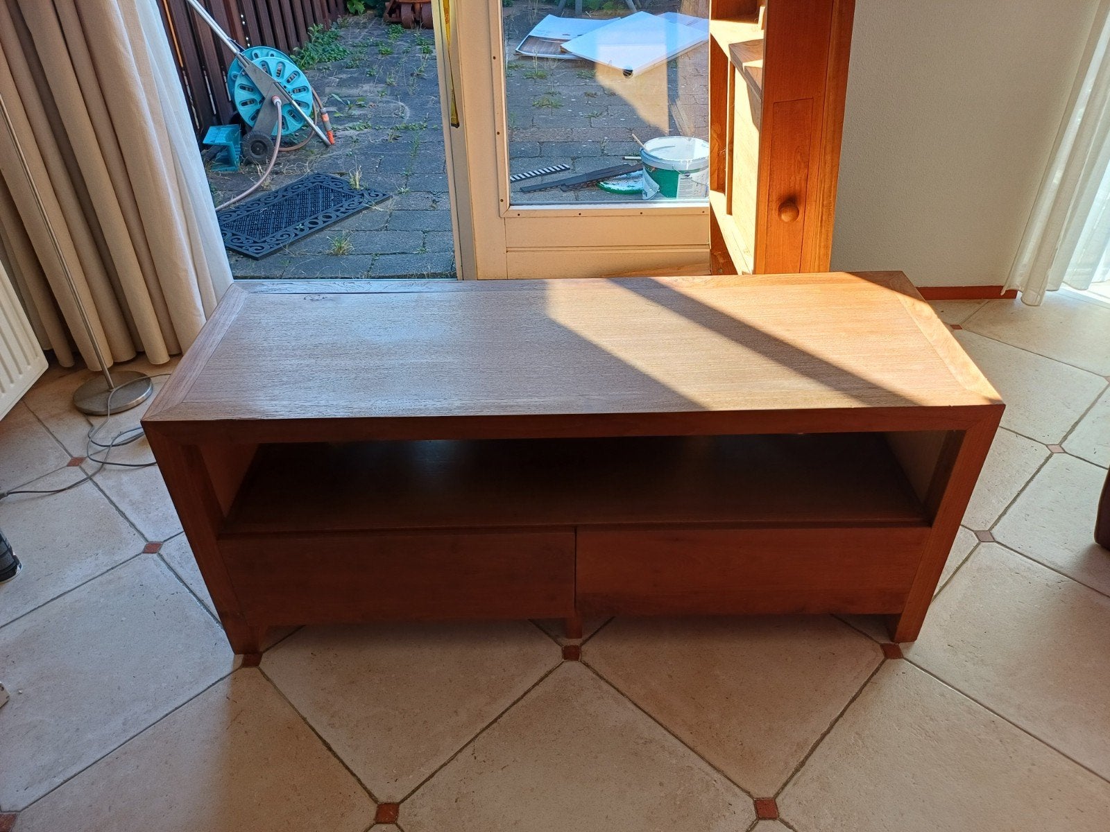 teak tv kast met laden, Ophalen, 100 tot 150 cm, Teakhout, Zo goed als nieuw