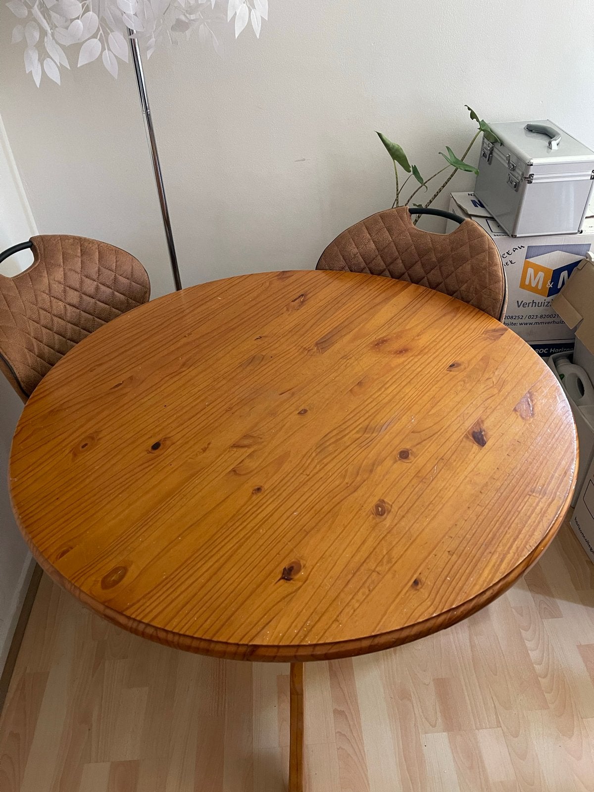 Ronde eettafel van vurenhout, Ophalen, Gebruikt, 100 tot 150 cm, Rond