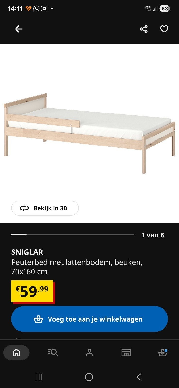 2x IKEA Sniglar kinderbedden met lattenbodem, 70 tot 85 cm, 140 tot 160 cm, Zo goed als nieuw, Ophalen
