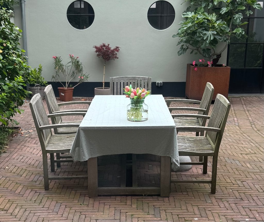 Tuintafel + 6 hardhouten stoelen, Ophalen, Gebruikt, Rechthoekig, Teakhout