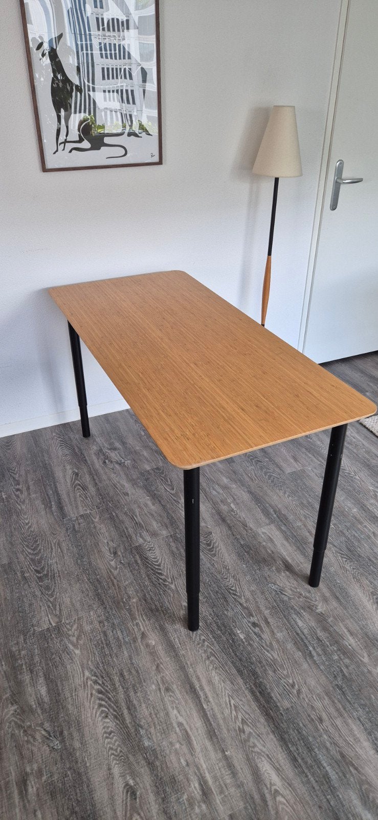 IKEA ANFALLARE / OLOV bureau bamboe/zwart 140x65x60-90 cm, Huis en Inrichting, Bureaus, Ophalen, In hoogte verstelbaar, Scandinavisch