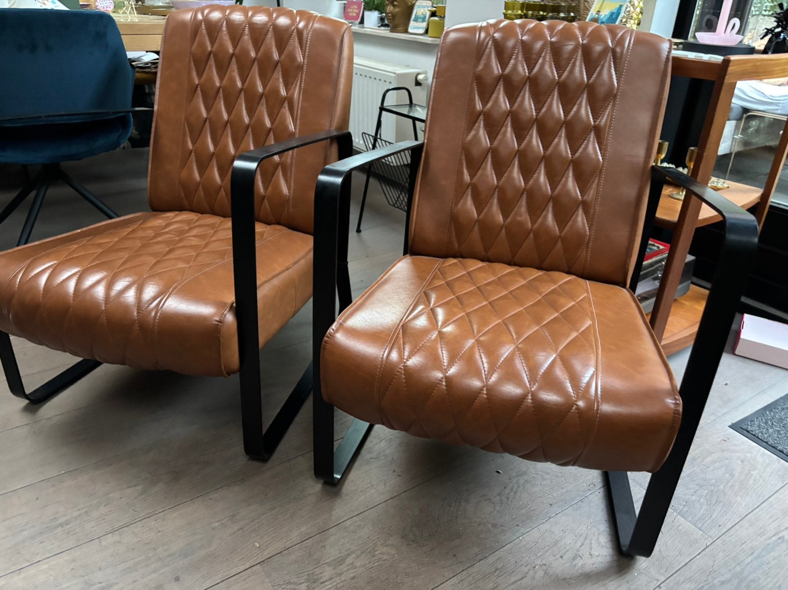 2 x Industriële fauteuil stoelen Cognac, Kunstleder , Bruin, Huis en Inrichting, Ophalen, ., ., Minder dan 75 cm