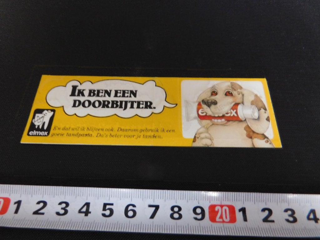 sticker elmex tandpasta hond ik ben een doorbijter, Verzamelen, Ophalen, Zo goed als nieuw