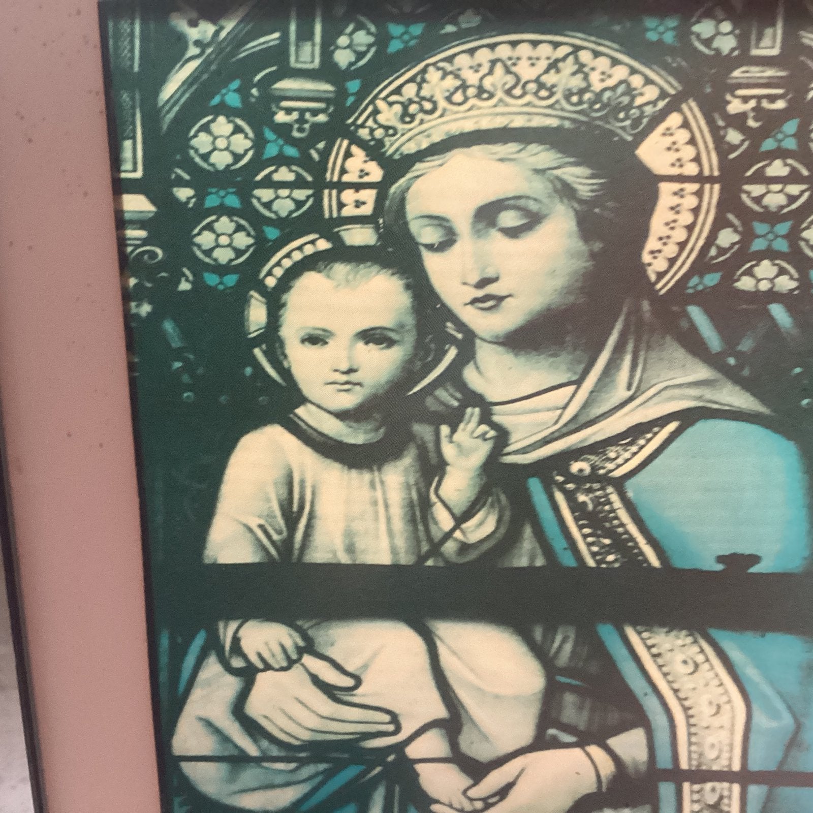 Maria met kind // glas in lood effect Mica St.Jan kathedraal, Antiek en Kunst, Ophalen of Verzenden
