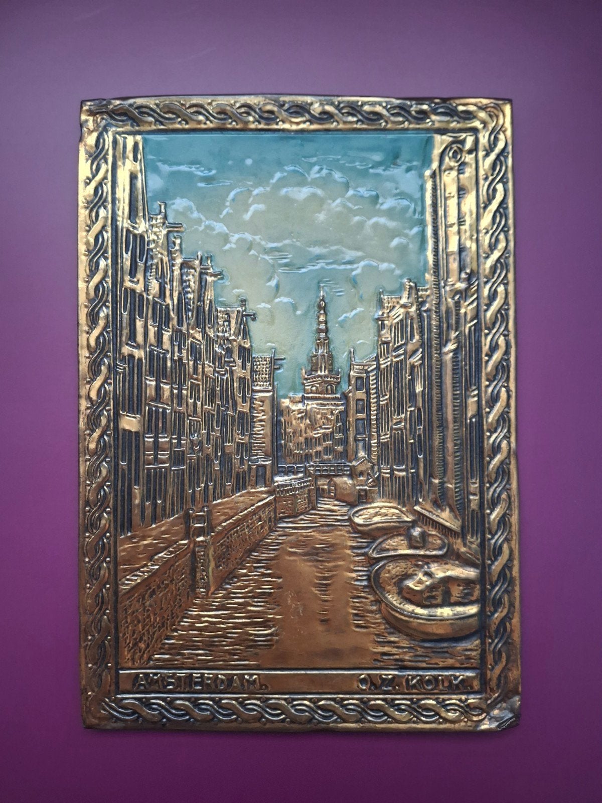 Vintage Koperen Wandreliëf Amsterdam O.Z. Kolk, Ophalen of Verzenden