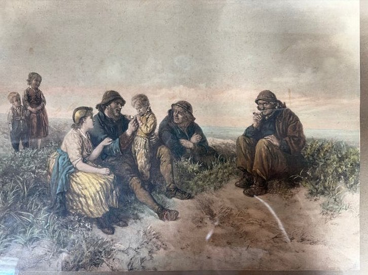 Lithografie reproductie van ‘De Eerste Pijp' van E Verveer, Ophalen, Ingelijst