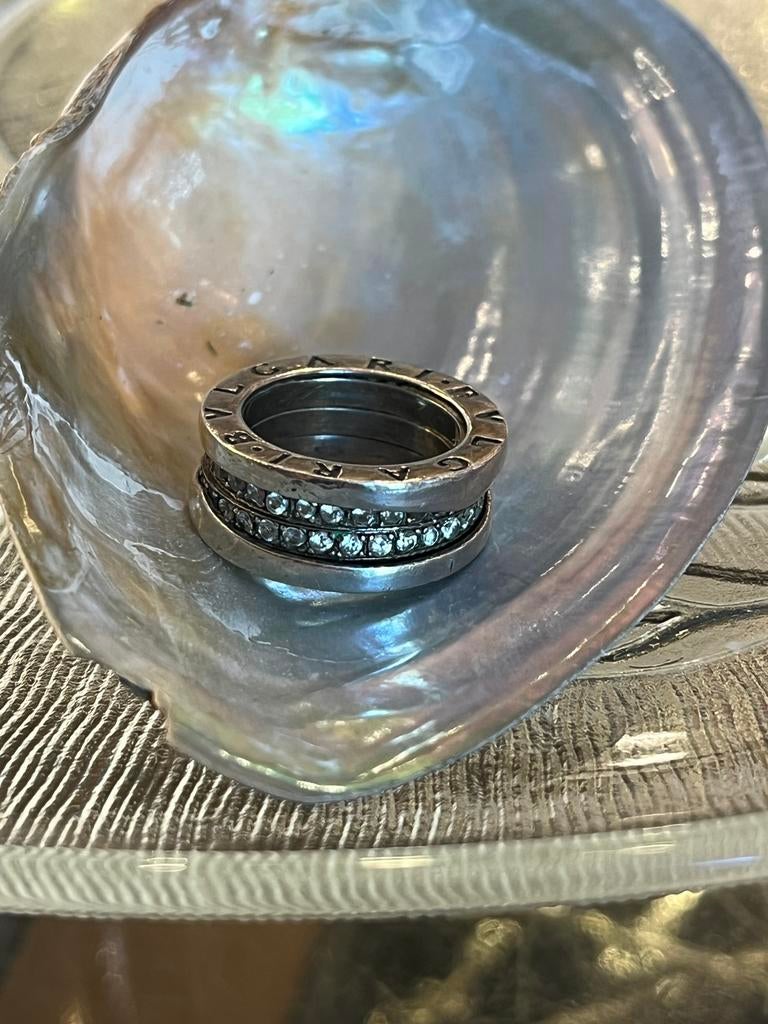 Zilveren ring met steentjes, gemerkt Bvlgari, Ophalen of Verzenden, Zilver, Ring