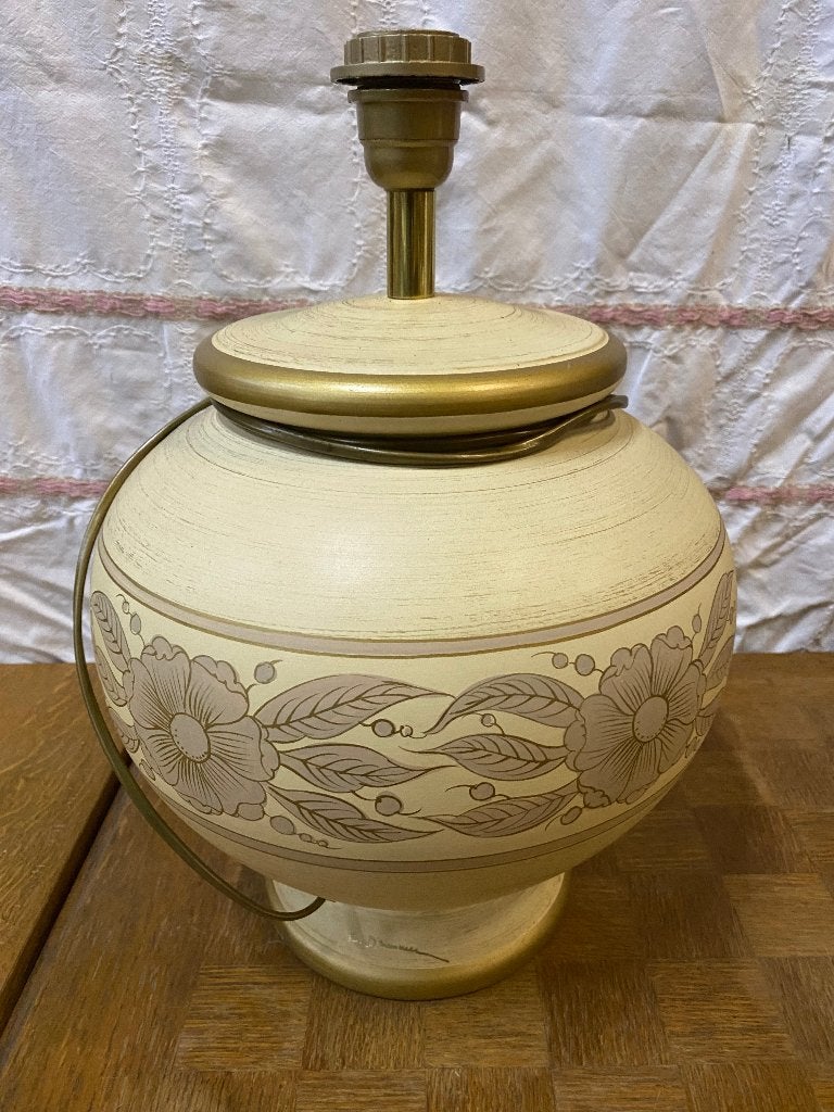 Vintage tafellamp bloemmotief en gouden accenten L Drimmer, Beige, Gebruikt, Vintage, 40 cm