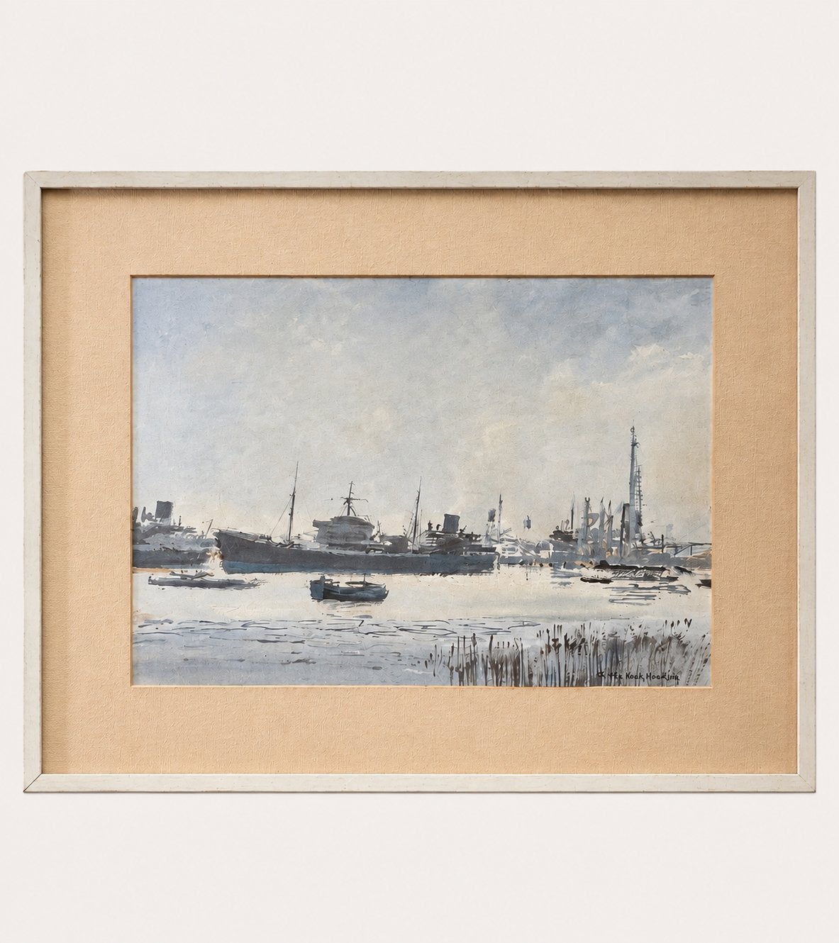 Maritiem schilderij met schepen en havengezicht, Maritiem / water, Doek, Realistisch, Ophalen of Verzenden