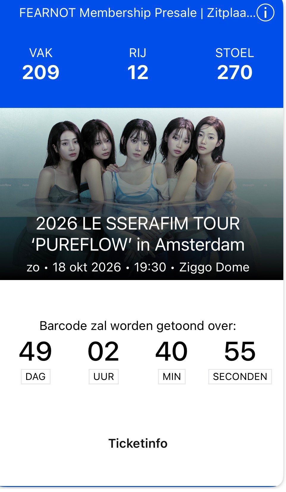 LE SSERAFIM PUREFLOW 18 oktober zitplaatsen, Twee personen, Oktober