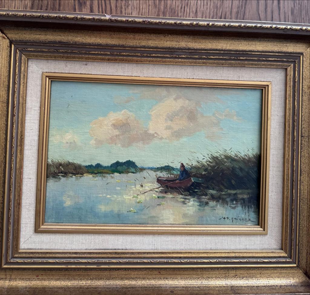 Olieverfschilderij Jan Knikker sr. Plasgezicht met visser, Ophalen of Verzenden