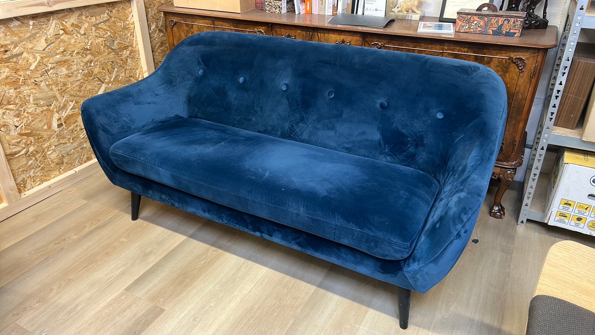 Lekker blauw velours stevig bankje, Huis en Inrichting, Banken | Voetenbanken en Poefen, Ophalen, Rechthoekig, 125 cm of meer