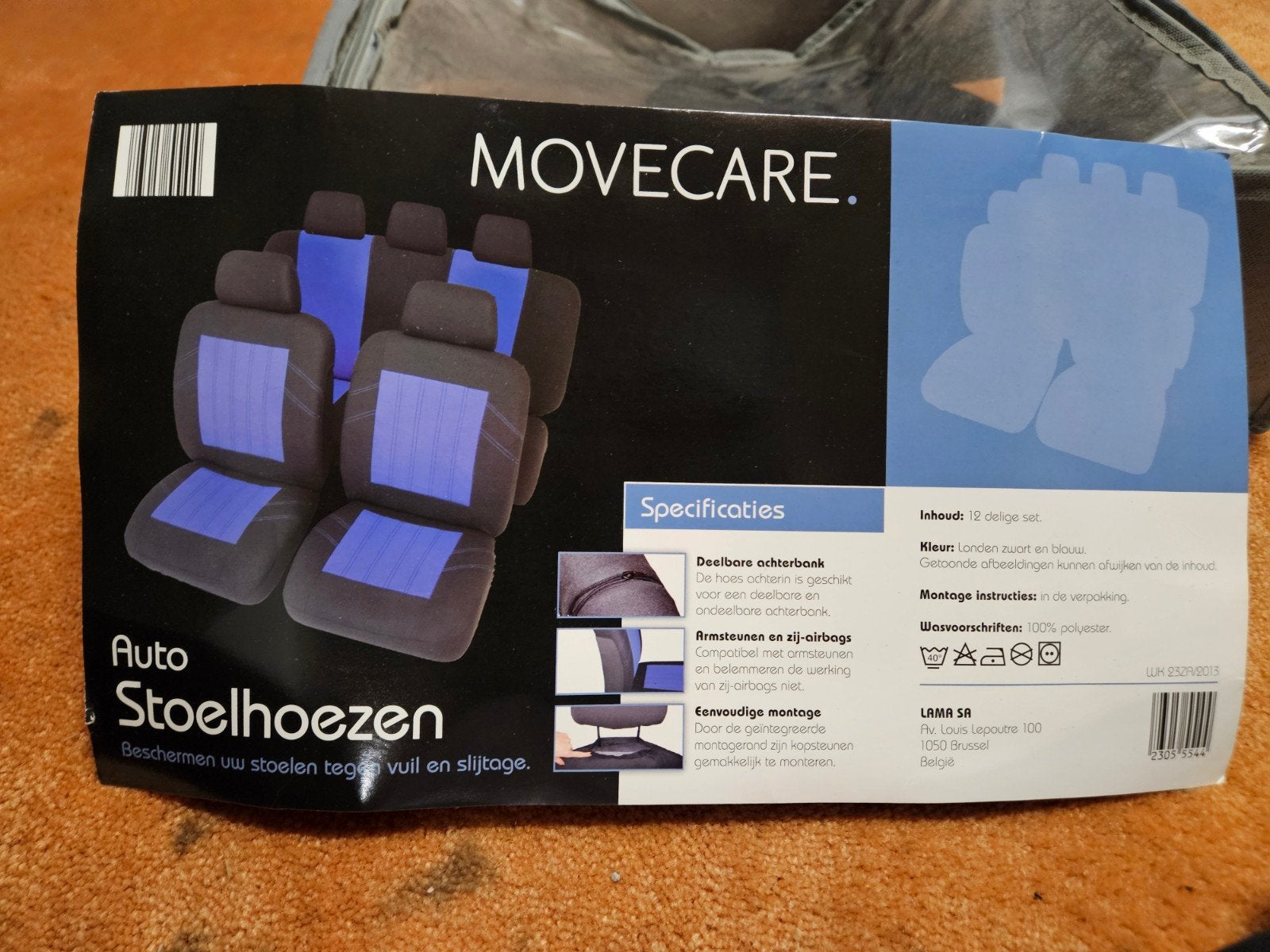 Movecare Zwart/Blauwe Auto Stoelhoezen 1x voor en achter, Auto diversen, Ophalen of Verzenden, Nieuw