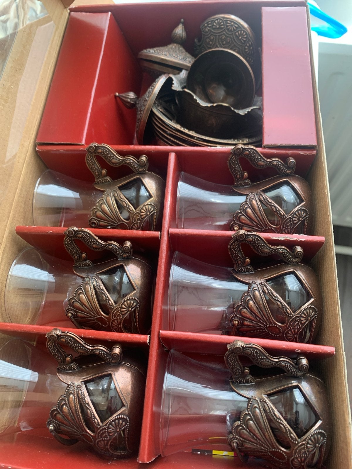 Set van 6 Turkse theeglazen met koperen houders en schotels, Ophalen, Nieuw, Glas, Glas of Glazen