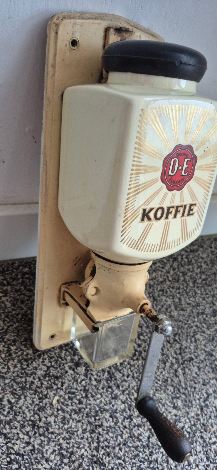 Douwe Egberts Koffiemolen - Origineel, Glazen Opvangbak, Antiek en Kunst, Antiek | Woonaccessoires, Ophalen of Verzenden