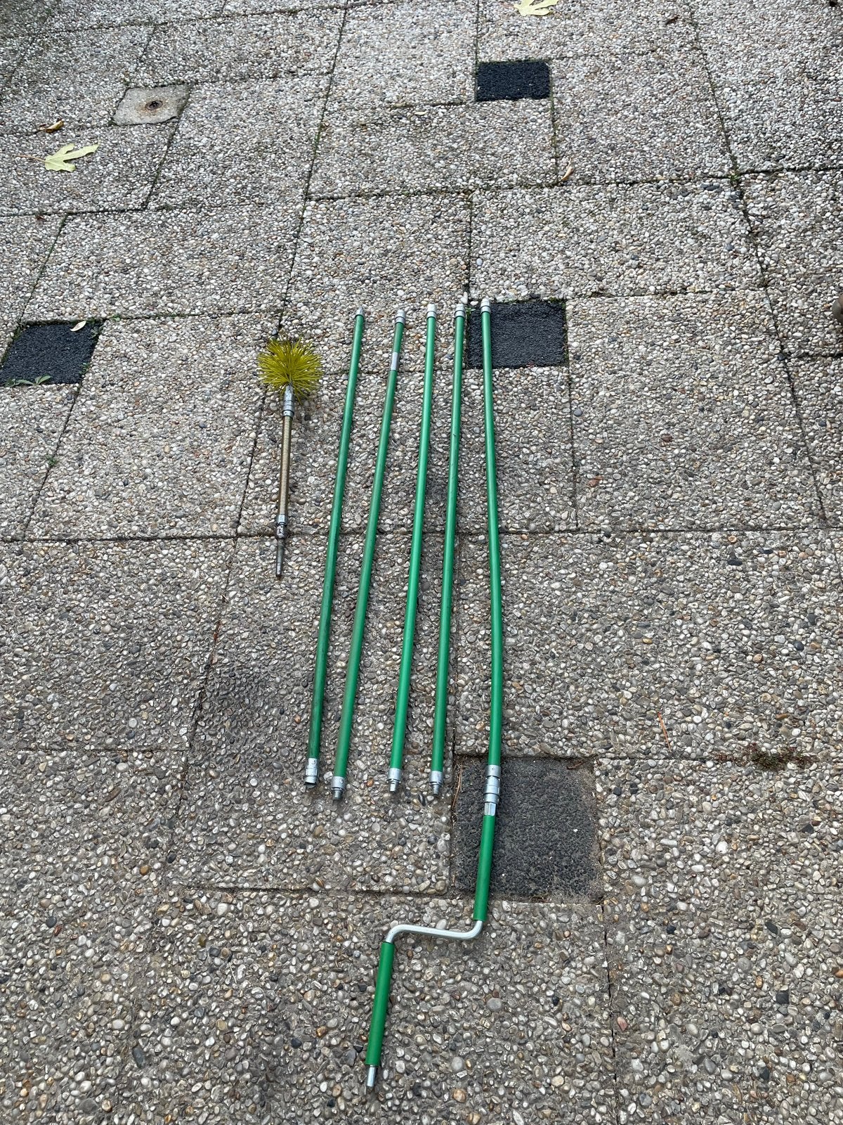 Schoorsteenveegset 5.70m, borstel 125mm, kliksysteem, Ophalen of Verzenden, Zo goed als nieuw, Overige typen