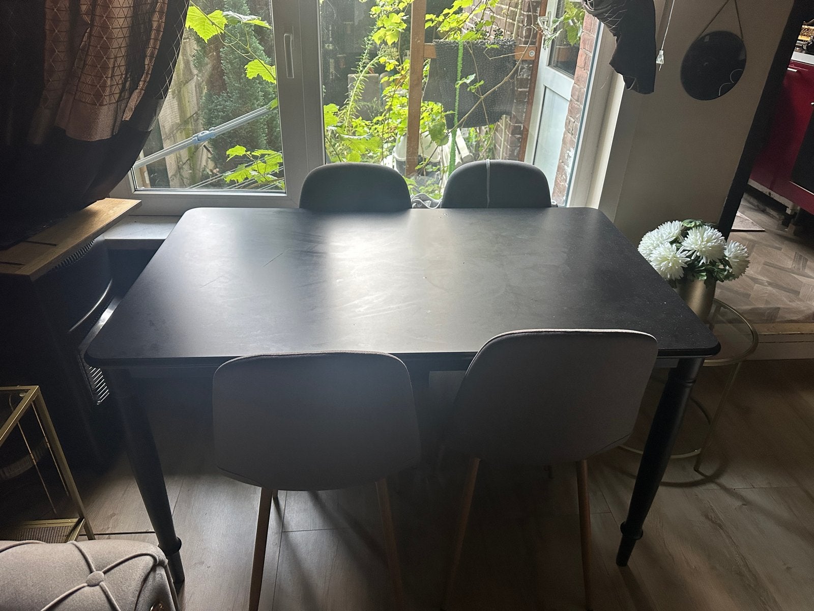 Eettafel met 4 stoelen - Zwart rechthoekig, Ophalen, Gebruikt, 100 tot 150 cm, 50 tot 100 cm