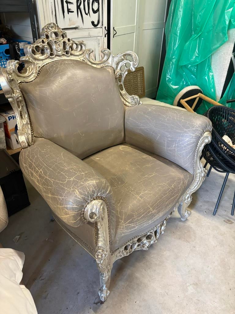 Barokke fauteuil - Zilverkleurig met beige bekleding, Ophalen, Gebruikt, 75 tot 100 cm, 75 tot 100 cm