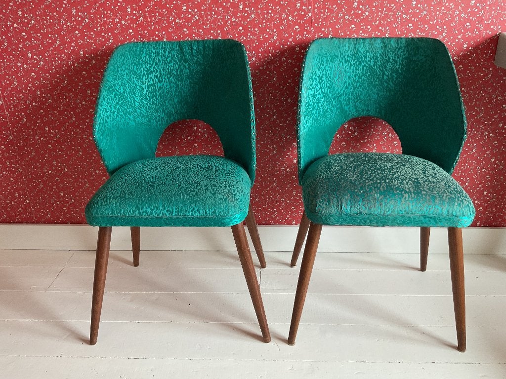 Stoelen vintage jaren 60 was skai, nu groen stof teak poten, Ophalen, Gebruikt, Twee, Overige kleuren