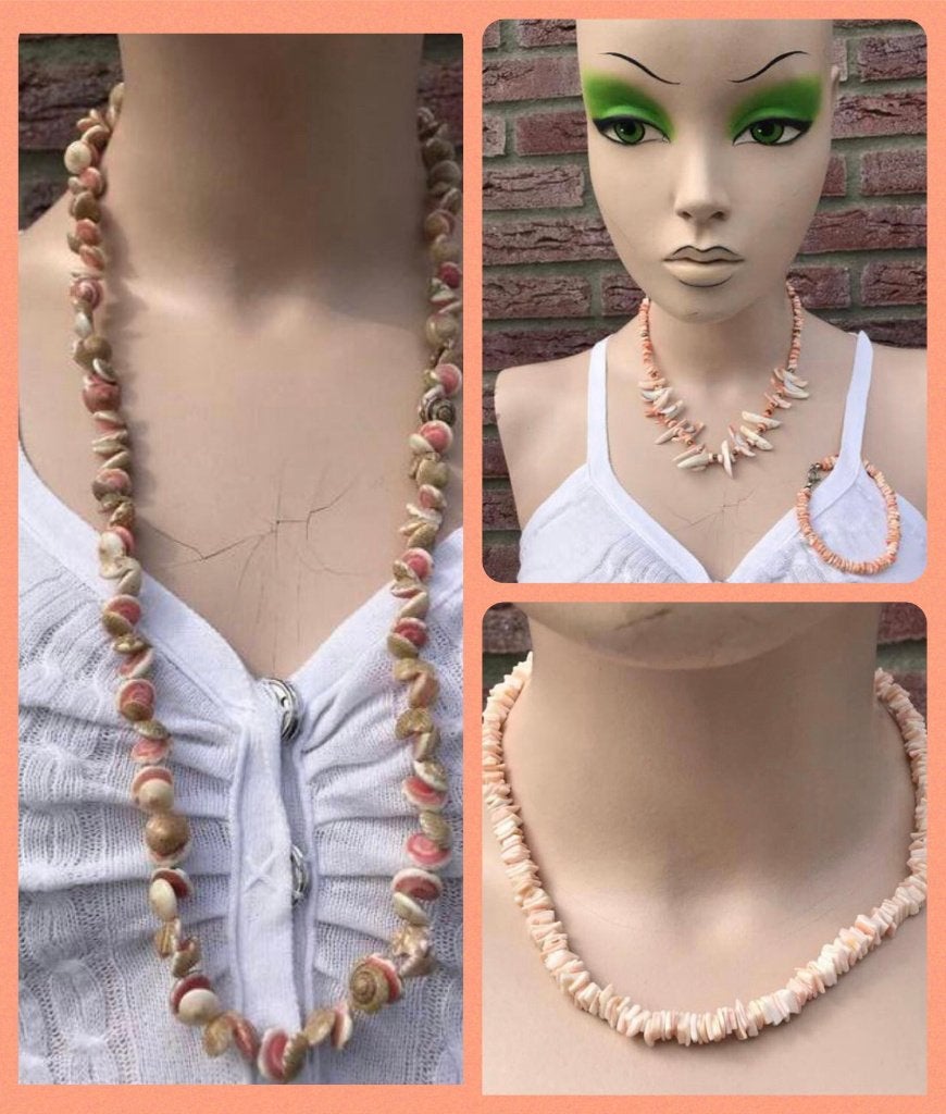 Kettingen jaren 80 schijfkralen en schelpen zalm kleur, Sieraden, Tassen en Uiterlijk, Kettingen, Ophalen of Verzenden, Zo goed als nieuw