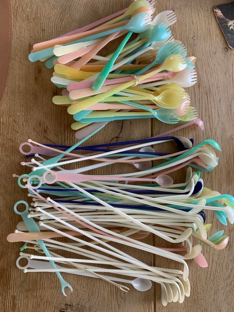 Partij vintage Tupperware retro vorken en lepels, Gebruikt, Tupperware, Overige typen, Ophalen of Verzenden