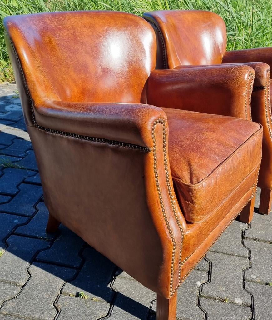2x compacte Chesterfield fauteuil cognac vintage leer, ., Chesterfield, Nieuw, Ophalen of Verzenden